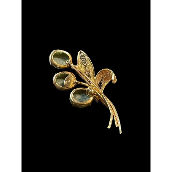 Vintage 10k Gold Filled with Nephrite Jade Stones Floral Filigree Brooch Pin - Picture 2 of 5